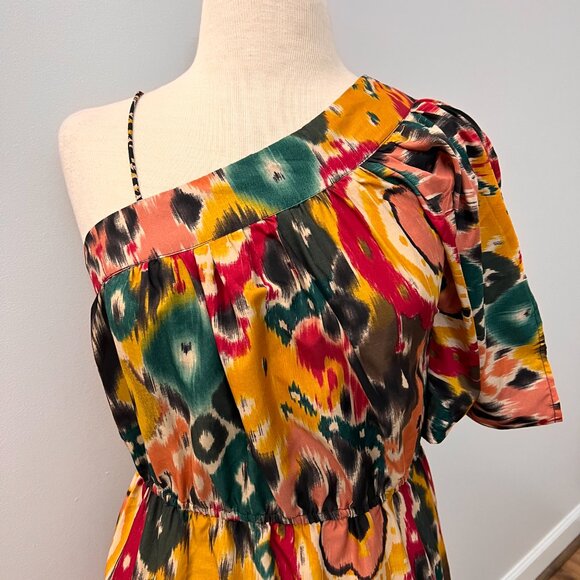 Angie One Shoulder Asymmetrical Colorful Festival Artsy Maxi Dress Sz S - Picture 2 of 11